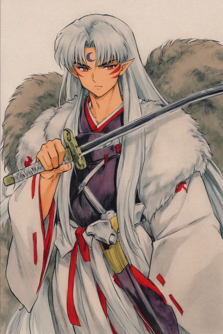 solo,1boy,Sesshoumaru,weapon,male focus,sword,long hair,pointy ears,facial mark,holding,white hair,white background,japanese clothes,forehead mark,simple background,holding weapon,fur,holding sword,very long hair,armor,wide sleeves,crescent,long sleeves,kimono,traditional media,<lora:Takahashi Rumiko_XL:0.8>,