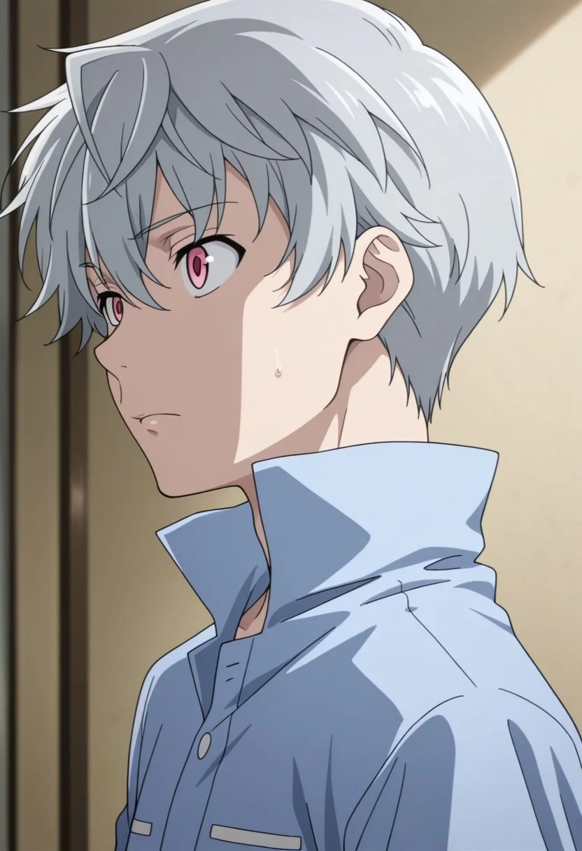 masterpiece,best quality,amazing quality, source_anime,
aruakise, 1boy, male focus, solo, pink eyes, grey hair, shirt, blue shirt, high collar,