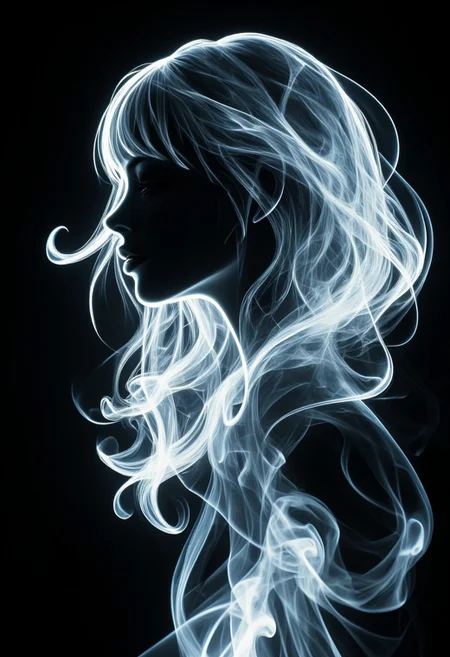 Silhouette Art, magnificent. ethereal female air elemental, long hair, bangs, made_of_smoke, translucent, ethereal, coalescing from wisps of smoke, closeup portrait, dark background
