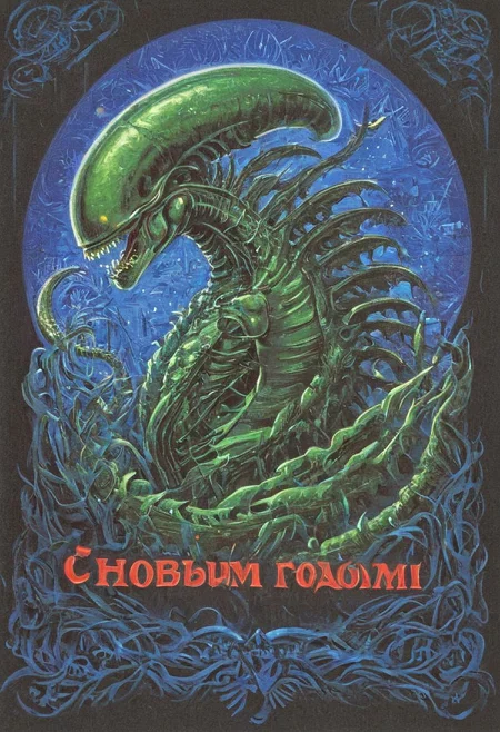 soviet new year postcard, s novym godom logo, xenomorph, detailed, best quality, hdr, 8k