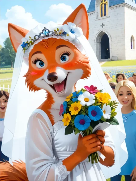 score_9, score_8_up, score_7_up, on model, MarianC, female, fox, orange fur, looking at viewer, blue eyes, tail, big tail, wedding dress, bouquet, holding bouquet, excited, blush, closeup, white veil,
BREAK, field, wildflowers, church, outdoors, sky, clouds, rolling hills, detailed background, crowd, onlookers, multiple characters,
<lora:Marian6:0.8>