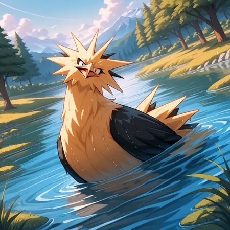 ((vibrant, detailed, detailed background, amazing quality, colorful, masterpiece, 8k, rtx)), beutiful background, BREAK
<lora:zapdos-illus-14:1> pzapb, pokemon \(creature\), bird, 1other, sitting, lake, partially submerged, bathing, wet body, dybamic pose, dynamic angle, head tilt,