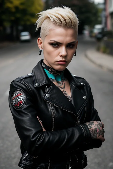 up angle from waist up, portrait photo showing a female biker on a street, leather jacket, tattoos and piercings. Contrasting light from one side. Side cut hair. Blonde hair. (posing:1.3), she says "Fuck you!", aggressive outlook, dangerous lady.
