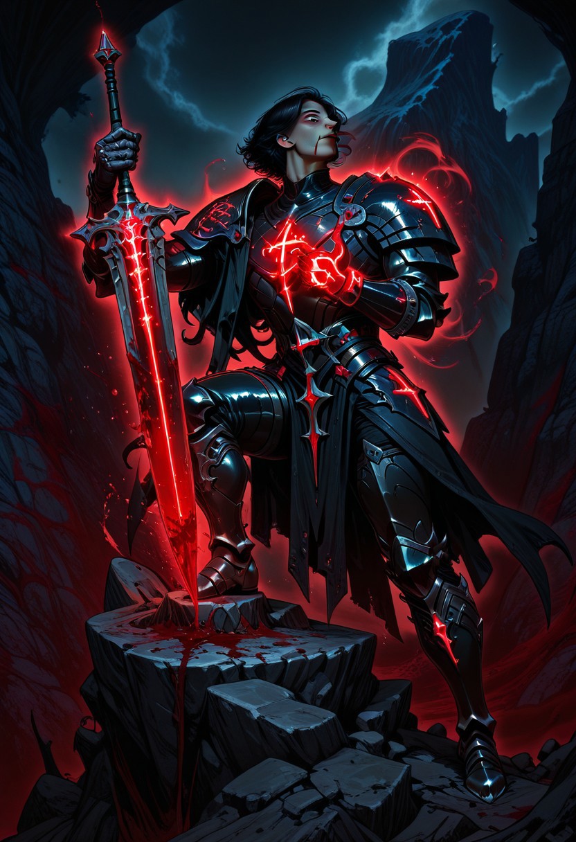 HadesCharacterArtstyle-IL-V1.0, dynamic pose, vibrant colors, action shot, magic, (fantasy illustration 5ephb), G0thicL1nes
1man, male solo, black hair, silver eyes, glowing eyes, 
armor, black armor, assymetrical shoulder plates, gauntlets, greaves, trimmed armor, 
dramatic lights, 
side view, one leg over stone, cliff, hand on heart, looking up, dynamic pose, serious look, planted sword, glowing runes on sword, magic sword, blood on sword, blood in mouth, long sword, thin sword