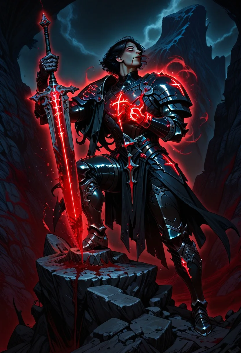 HadesCharacterArtstyle-IL-V1.0, dynamic pose, vibrant colors, action shot, magic, (fantasy illustration 5ephb), G0thicL1nes
1man, male solo, black hair, silver eyes, glowing eyes,
armor, black armor, assymetrical shoulder plates, gauntlets, greaves, trimmed armor,
dramatic lights,
side view, one leg over stone, cliff, hand on heart, looking up, dynamic pose, serious look, planted sword, glowing runes on sword, magic sword, blood on sword, blood in mouth, long sword, thin sword