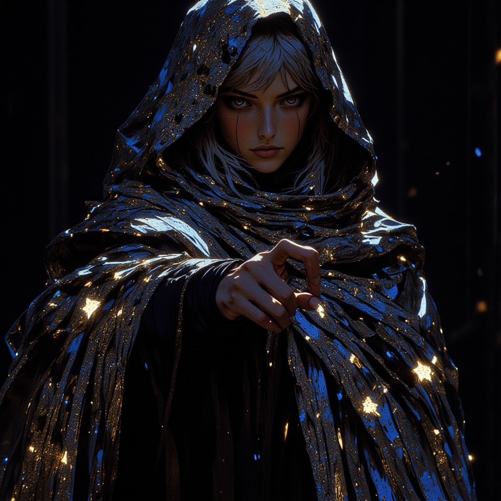 a young child is standing alone against a gloomy backdrop. She has silver hair and silver eyes. She is draped with an oversized cloak made of patterns from a shimmering starry night sky. The stars are white and gold. Her face is in focus but shadowed by her cloak. The cloak is the only thing illuminating the scene, and it gets darker the further away it is. Her arms are outstretched as if casting a spell. Her fair skin contrasts softly against the glittering cloak, and her expression is introspective, with slightly parted lips adding a touch of sensuality. The cloak catches the ambient light, scattering it into a dazzling display of shimmering reflections, resembling a star-studded night sky. The dim, ambient lighting enhances the intimate, moody atmosphere, casting gentle shadows that sculpt the contours of her face and body, emphasizing her serene yet enigmatic presence. The composition blends softness and glamour, fusing intimate elegance with a hint of otherworldly magic.