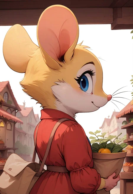 score_9, score_8_up, score_7_up, score_6_up, score_5_up, score_4_up,
[][][][][]
m0use_goldie, cuillu, ((mouse)), outdoors, (shop), (upper body shot:1.2), red dress, (cute:1.2), (feral:1.5), (side view:1.5), simple background, shopping, looking back, carrying bags,