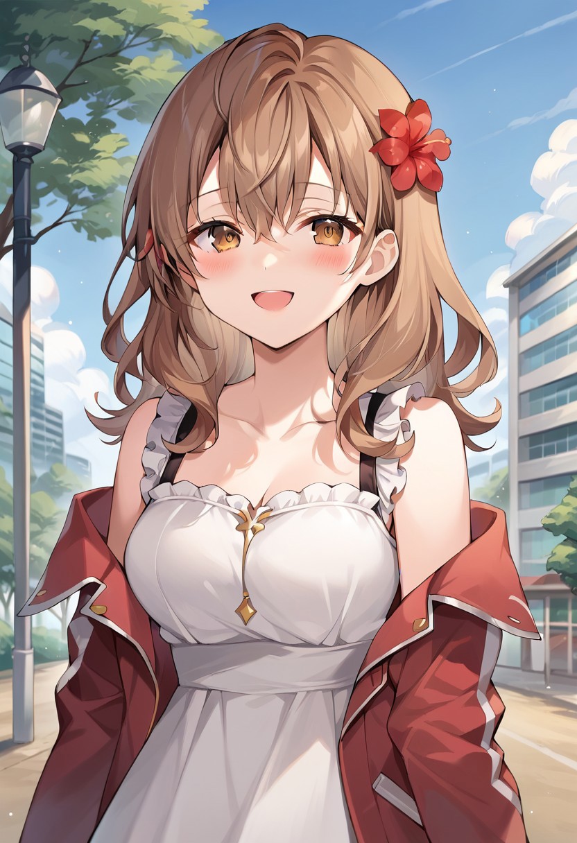 score_9, score_8_up, score_7_up, source_anime,maria, 1girl, solo, long hair, blush, smile, open mouth, brown hair, hair ornament, long sleeves, dress, hair between eyes, bare shoulders, brown eyes, collarbone, jacket, upper body, flower, :d, outdoors, frills, open clothes, sky, sleeveless, day, hair flower, off shoulder, open jacket, tree, sleeveless dress, red flower, building, red jacket, depth of field