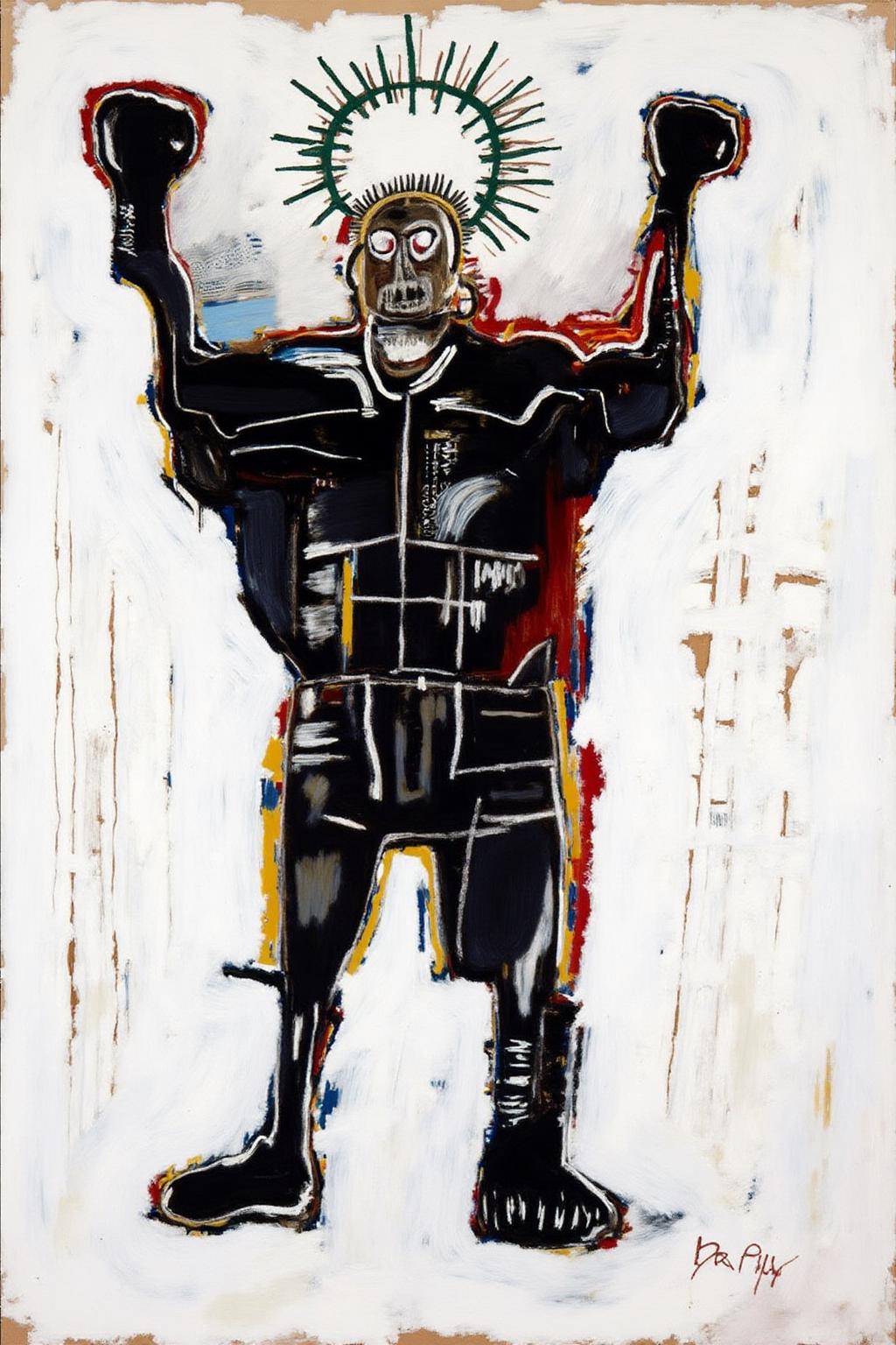 basquiat1 painting
A distorted figure of a boxer, lifting hsi boxing gloves into the air.
 <lora:basquiat1_cap_d6a3e11:1.0><lora:835162829146414838:0>