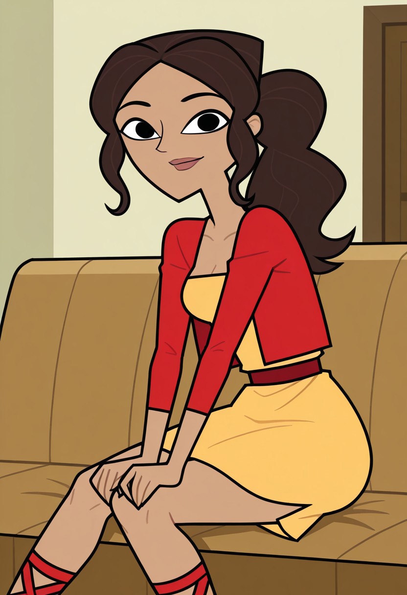 score_9,score_8_up,score_7_up, 1girl, solo, Riya_DC_IL, light brown skin, black eyes, long hair, dark brown hair, wavy hair, ponytail, lips, yellow dress, red cropped jacket, red strappy sandals, looking at viewer, indoors, room background, (portrait) tall, sitting on the couch, smile