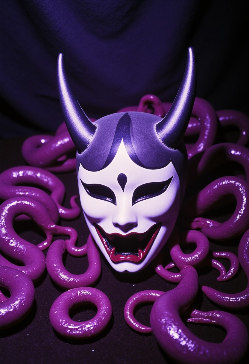 ArsMovieStill, movie still from a 1970s horror movie Studio cursed kitsune mask in a Japanese grave shrine purple miasma and writhing tentacles