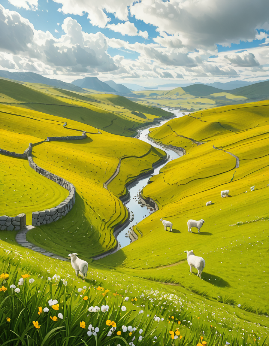 A breathtaking, high-resolution photograph of the rolling plains of Ireland, stretching endlessly under a vast, cloud-streaked sky. The landscape is a lush, vibrant green, with gentle hills covered in soft grass and dotted with scattered wildflowers. Ancient stone walls and winding dirt paths cut through the fields, marking old farmland boundaries. In the distance, a few solitary sheep graze peacefully, their white wool contrasting against the emerald grass. A small, clear river meanders through the valley, reflecting the soft light of the sky. The horizon is framed by low, misty mountains, adding depth and mystery to the scene. Above, the sky is a mix of bright blue and fluffy white clouds, casting dynamic shadows across the landscape as beams of sunlight break through. The atmosphere is serene, timeless, and rich with the natural beauty of the Irish countryside.
<lora:SDXLFaeTastic2400:0.4> <lora:extremely_detailed:0.4> extremely detailed,rolling plains of 1r3l4nd, <lora:rolling_plains_of_1r3l4nd-i:1>, Masterpiece,best quality,hi res,8k,hi res,8k,award winning,(sharp focus, intricate, highly detailed),