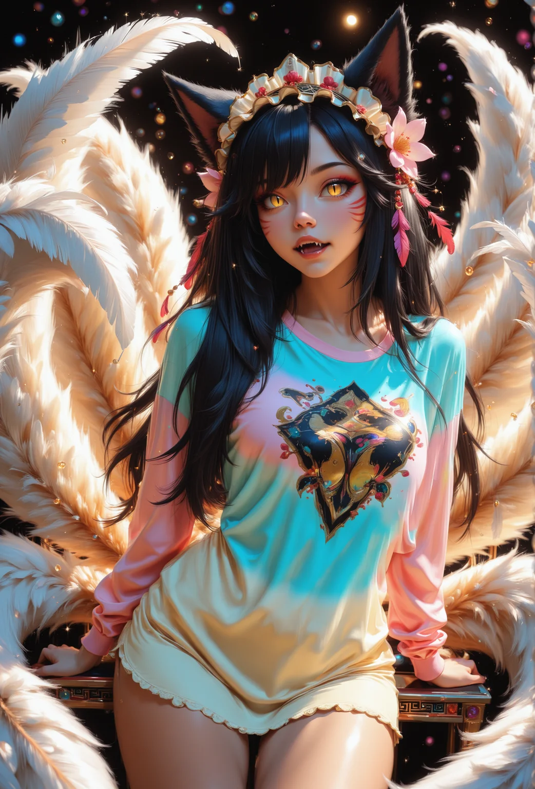 Semi real,ahri, foxgirl,fox ears,9tails,8k,beautiful face, perfect hands,cute, black hair with white glowing strains,black foxears,(fox fangs:1.2),Sidetail, yellow eyes,slit pupils, facial markings,glowing feather-flower hair,((wearing multi colored spring shirt with a unique featery headdress:1.4)), (Rendered in an eerie, otherworldly style with vibrant colors, feathers, and a mesmerizing, beautiful background and a masterpiece of fantasy art:1.2)