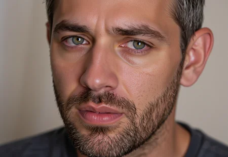 High quality and high contrast photography, A close-up of a dude with a light brown beard and short, graying hair, sporting a slightly furrowed brow and a deep-in-thought expression. His pale green eyes are locked onto something off-camera. He's got a bit of stubble and a natural, slightly weathered skin tone. The background's all blurry and neutral, keeping the focus on his mug.
