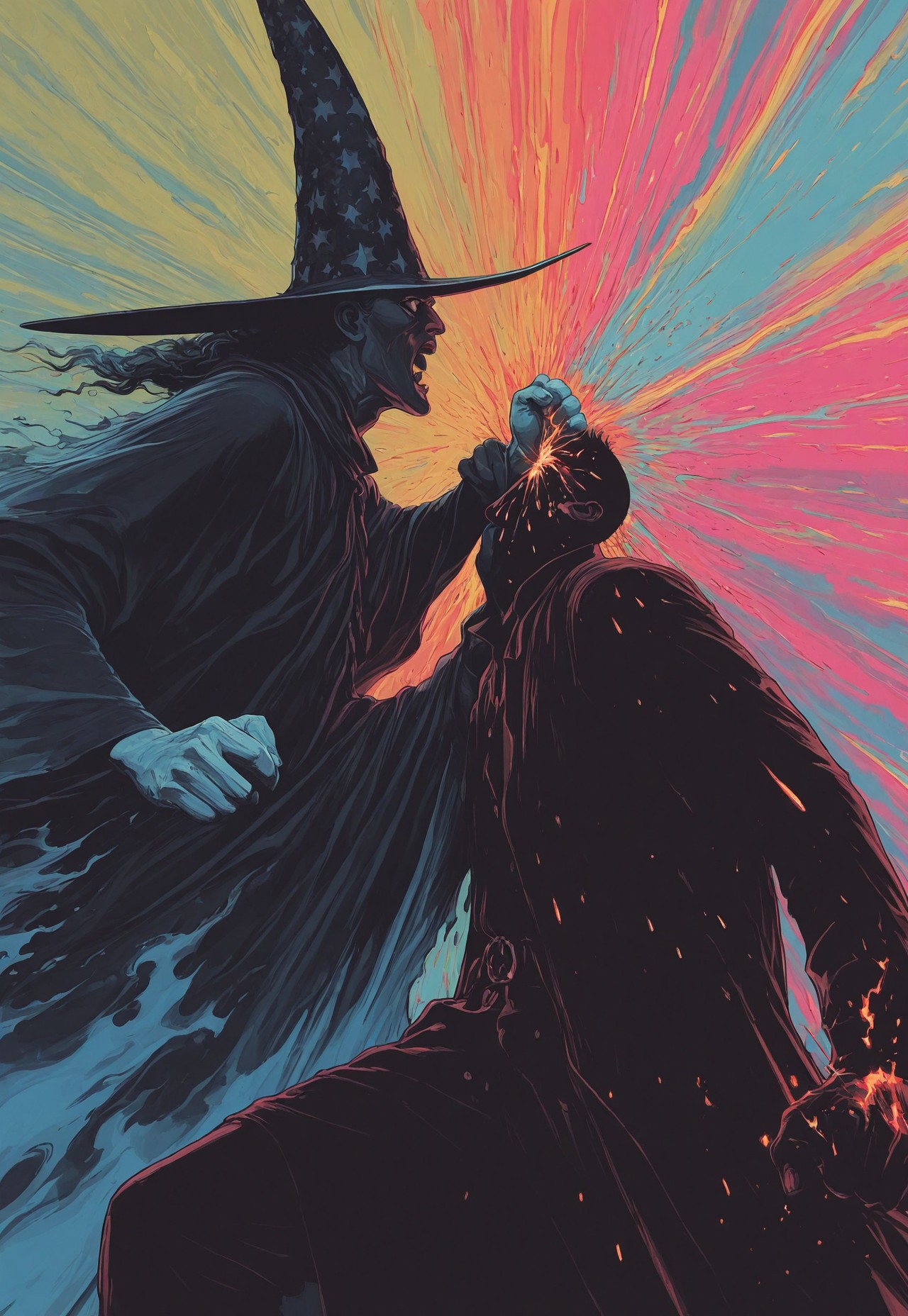 vdsur, surreal, high contrast, masterpiece, best quality, hires, colorful background,
action, fighting, punching, 2boys, male focus, long sleeves, in the face, wizard hat, multiple boys, sparks, magic
