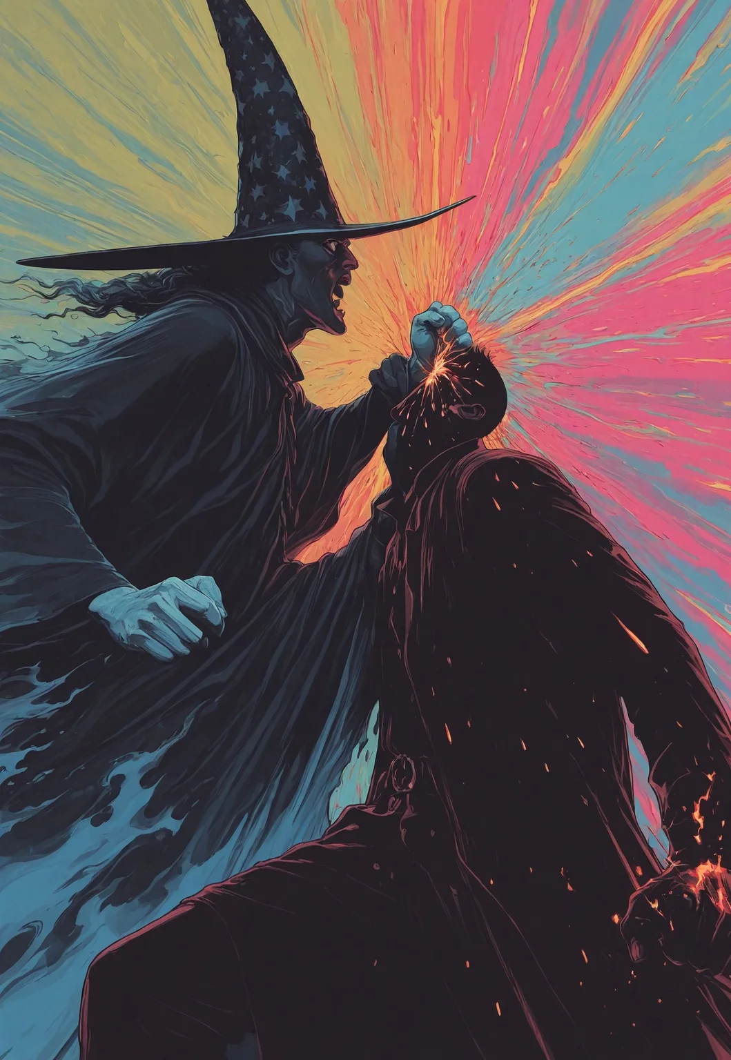 vdsur, surreal, high contrast, masterpiece, best quality, hires, colorful background,
action, fighting, punching, 2boys, male focus, long sleeves, in the face, wizard hat, multiple boys, sparks, magic