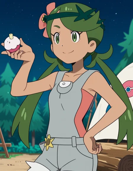 score_9, score_8_up, score_7_up, source_anime, <lora:pokemon-mallow-anime-ponyxl-lora-nochekaiser:1>, mallow, long hair, bangs, hair ornament, twintails, green eyes, flower, green hair, hair flower, dark skin, dark-skinned female, swept bangs, mallow (pokemon), collarbone, sleeveless, pink shirt, overalls,, camping, bonfire, tent, stargazing, marshmallows, forest clearing, night, smile, , knee bent, hand on hip, arm outstretched, solo,, cowboy shot, dutch angle