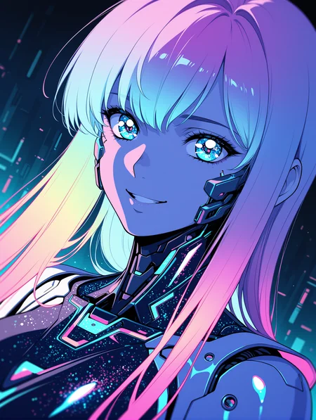 (flat colors,gradient,retro colors:1.2),sketch,abstract,dynamic angle,8K,depth of field,focused subject, 1girl,cyber woman,smiling happily,cyborg cybernetic enhancement,holographic,holofoil glitter,faint,glowing,ethereal,neon hair,glowing hair,long hair,looking at viewer,smooth brushwork,sharp edges,mechanical designs,sharp focus,face closeup,closeup to face,cyberpunk background,
,masterpiece,best quality,amazing quality,