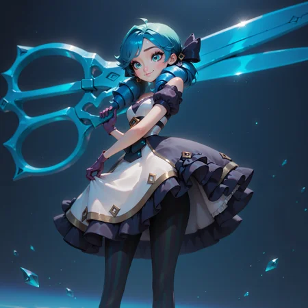 gwen \(league of legends\), 1girl, solo, long hair, breasts, looking at viewer, smile, blue eyes, gloves, dress, holding, bow, closed mouth, twintails, standing, green eyes, blue hair, ahoge, short sleeves, hair bow, pantyhose, frills, detached sleeves, green hair, black gloves, puffy sleeves, black footwear, white dress, black dress, puffy short sleeves, black pantyhose, black bow, swept bangs, drill hair, frilled dress, twin drills, skirt hold, blue gloves, purple gloves, grey dress, oversized object, striped pantyhose, scissors, holding giant scissors, giant scissors, holding scissors, , masterpiece, best quality, ultra-detailed, very aesthetic, artist:, prompt, newest, very awa, absurdres, highres,