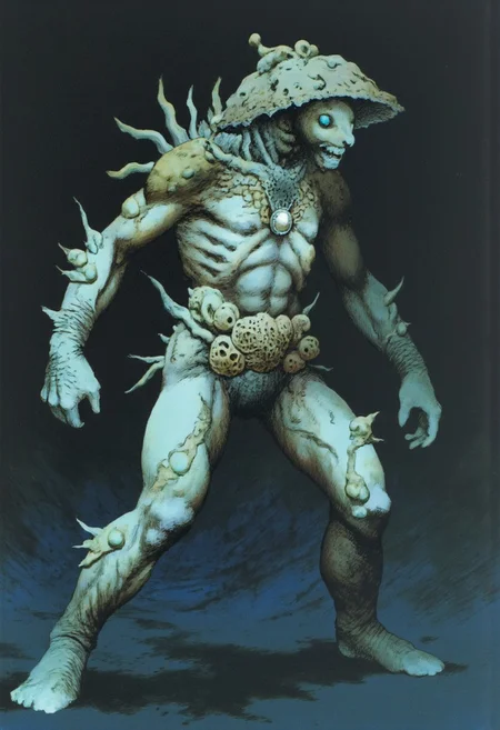 b3rs3rk macro lens d4concept pov, 3D01S, simple background d4artstyle atmospheric and powerful MikeFranchinastyle dark fantasy, natural organic and first person pov of a berserk style creature in the frazetta drawing style and Tsutomu Nihei style
Anthropomorphic mushroom creature, combining traits from various fungi. The creature has a bulbous, rounded body covered in textured, pale skin, with patches of moss and fungal growths sprouting from its surface. Its head resembles a large mushroom cap with a rugged, uneven edge, drooping slightly over its round face. Small, glowing eyes peer out from under the cap, giving it an inquisitive expression. Multiple spore sacs and fungal sprouts protrude from its back and shoulders, some resembling clusters of smaller mushrooms while others are elongated stalks. The creature’s arms are stubby and end in root-like fingers, while its legs are thick and sturdy, with mycelium-like tendrils wrapping around its feet. There are patches of bioluminescent fungi dotting its form, emitting a faint glow. The skin texture is highly detailed, mixing smooth, rubbery surfaces with rough, bark-like areas.
Background solid color with a faded dimly lit, fog-covered darkness tone that emphasizes its silhouette.
UHD letterboxed game trailer frame chromatic aberration dark atmosphere sharp masterpiece with a focus on the character, elden ring, dark atmosphere