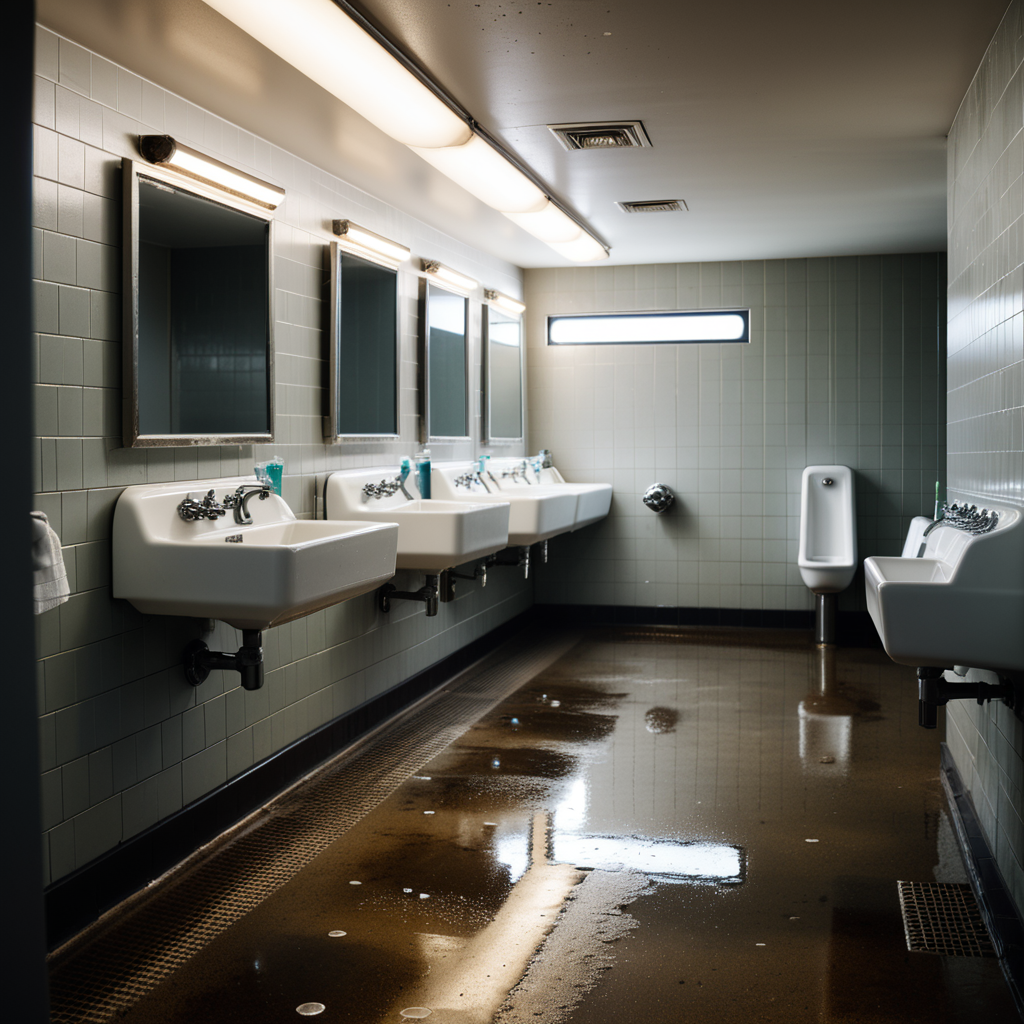 The interior of a public restroom with a utilitarian and slightly neglected design. The walls are covered in plain, slightly stained white tiles, some of which are cracked or chipped. The floor consists of large, dull gray tiles with faint scuff marks and small puddles of water near the sinks. On one side of the room, a row of metal bathroom stalls with scratched doors and faded paint lines the wall. On the opposite wall, a series of wall-mounted urinals made of white ceramic are spaced evenly, each with a metallic flush handle above. Some urinals have faint stains and water streaks, with one having a small puddle beneath it. A row of sinks with old, slightly rusted faucets sits beneath a large, streaked mirror that has smudges and water spots. Above, fluorescent tube lights buzz faintly, casting a cold, sterile glow over the space. A faint smell of cleaning chemicals lingers in the air, mixed with the dampness of the room. A hand dryer is mounted on the wall near the entrance, and a trash bin overflowing with crumpled paper towels stands nearby. The atmosphere feels functional but slightly neglected, emphasizing its everyday use.
<lora:SDXLFaeTastic2400:0.4> <lora:extremely_detailed:0.4> extremely detailed, Masterpiece,best quality,hi res,8k,hi res,8k,award winning,(sharp focus, intricate, highly detailed),