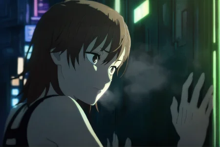 masterpiece,best quality,anime screencap,intricate details,depth of field,1girl,misaka mikoto,brown hair,brown eyes,solo,cyberpunk alley,hologram ads,steam vents,neon signs,leaning against wall,cool expression,night,
masterpiece,best quality,amazing quality,very aesthetic,highres,absurdres,<lora:Chainsaw man animation style-NOOB05-lokr>,