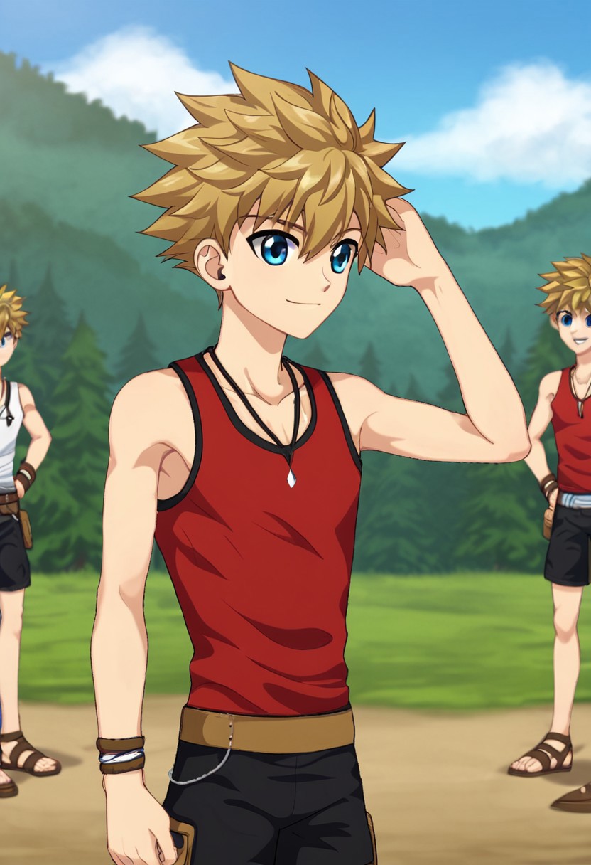 connor bleufin, blond hair, short hair, spiky hair, blue eyes, 1boy, solo, solo focus, medium build body, wear red tank top, wear black shorts, outdoor, sunny day, clear sky, standing
