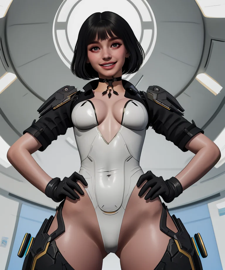 bnnyulti,grey eyes,black hair,bangs,medium hair,bob cut,
white leotard,black cropped jacket,choker,armor,gloves,jewelry,
looking at viewer,smile,hands on hips,
standing,from below,
facility,science fiction,
(insanely detailed, masterpiece, best quality),solo,<lora:BunnyUltimate-FD-18:0.9>,