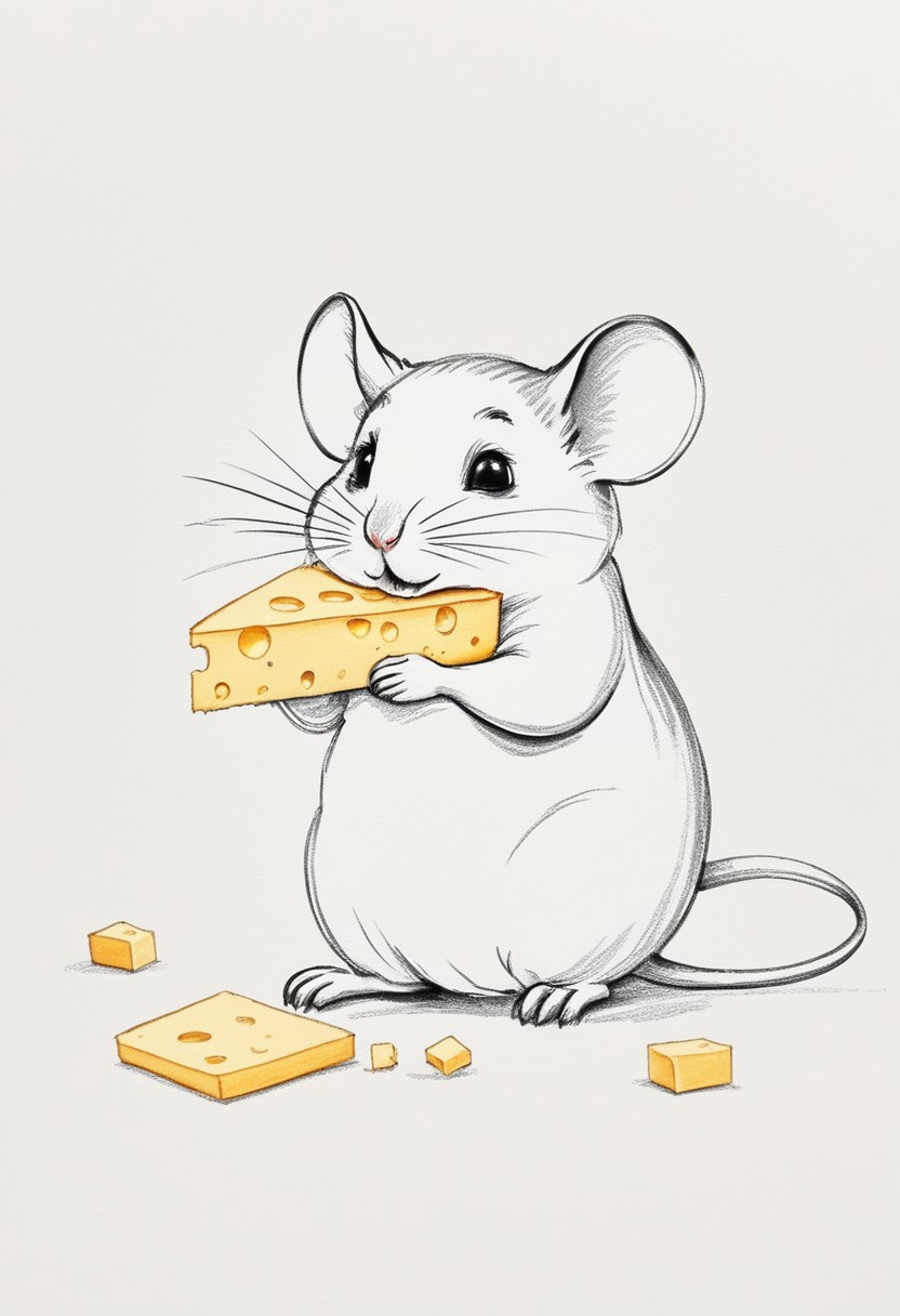 A pencil sketch using 4B bold lines, A cute mouse eating cheese, UHD, award winning
