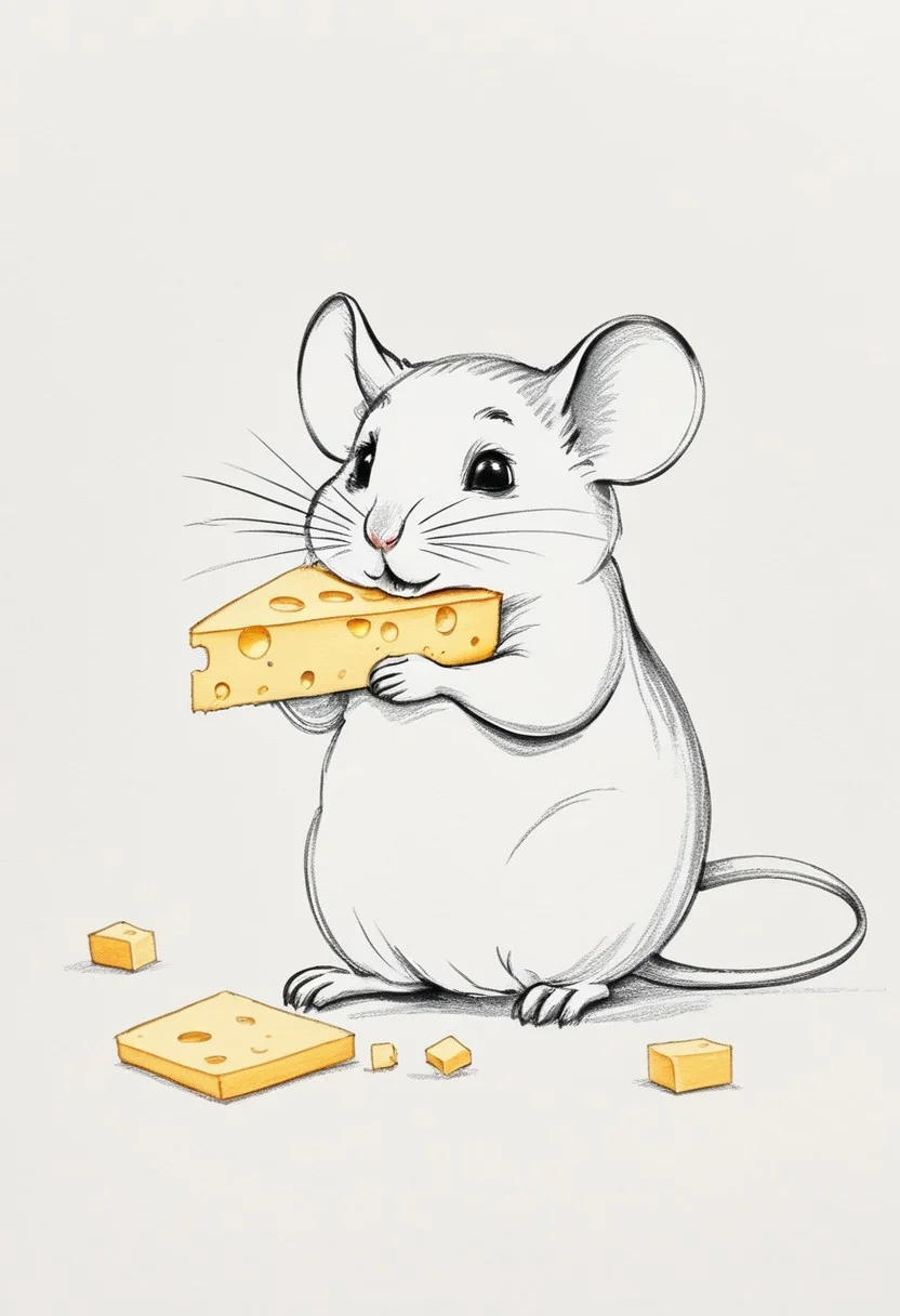 A pencil sketch using 4B bold lines, A cute mouse eating cheese, UHD, award winning