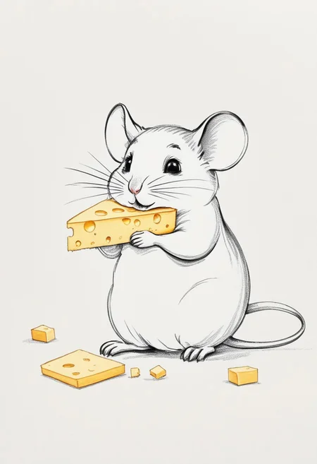 A pencil sketch using 4B bold lines, A cute mouse eating cheese, UHD, award winning