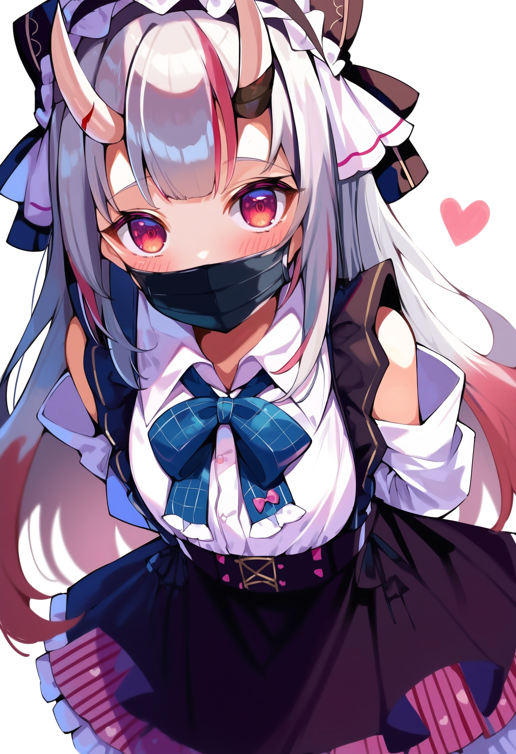 score_9, score_8_up, score_7_up, score_6_up, source anime,
nakiri ayame, nakiri ayame girly, 1girl, skin-covered horns, solo, long hair, black mouth mask, looking at viewer, pink nails, nail polish, hairband, heart, bow, shoulder cutout, black skirt, wariza, blue bow, long sleeves, white shirt, blue bowtie, suspender skirt, suspenders, clothing cutout, blush, oni, bowtie, collared shirt, ribbon, arms behind back, leaning forward
<lora:nakiri_ayame_v1:1>
