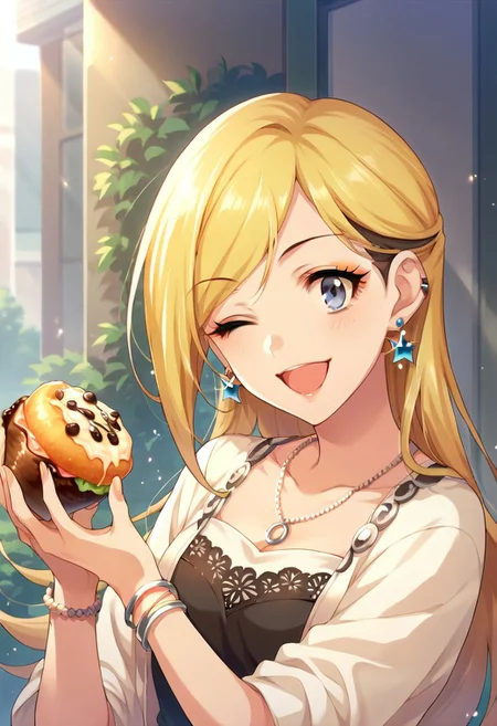 score_9, score_8_up, score_7_up, source_anime,fujimoto rina, 1girl, solo, long hair, smile, open mouth, blonde hair, black hair, jewelry, earrings, one eye closed, food, necklace, bracelet, grey eyes, makeup