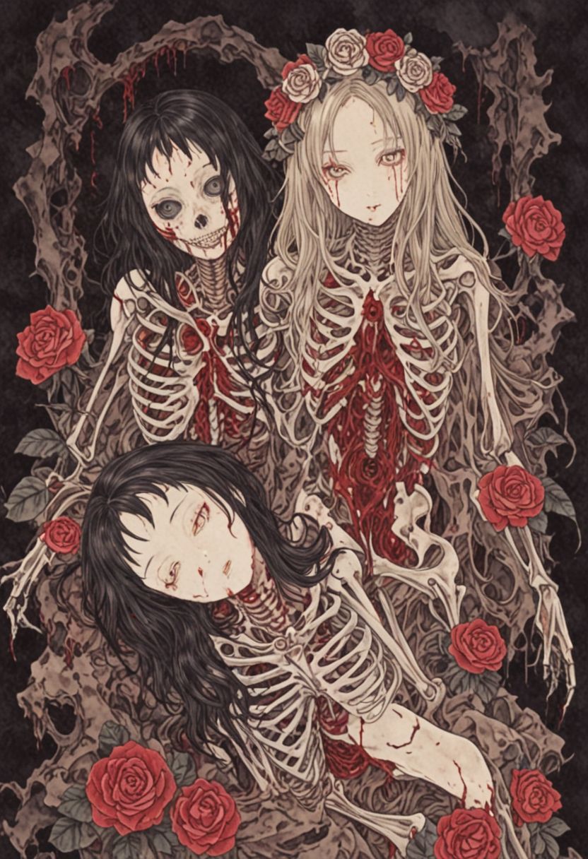 japanese line art    , two woman intertwined on a bed, floral patterns, roses, linen , (bloody face, dripping blood:1.2) , dripping blood, skeletal figures, gore, (aged black background:1.2) ,  weathered canvas and brushstroke  , (intricate eyeball  pattern background:1) , ,  bad  quality , low res,  , in the style of  takato yamamoto   unfinished, ugly, <lora:takma2:1.2>