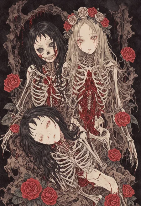 japanese line art , two woman intertwined on a bed, floral patterns, roses, linen , (bloody face, dripping blood:1.2) , dripping blood, skeletal figures, gore, (aged black background:1.2) , weathered canvas and brushstroke , (intricate eyeball pattern background:1) , , bad quality , low res, , in the style of takato yamamoto unfinished, ugly, <lora:takma2:1.2>