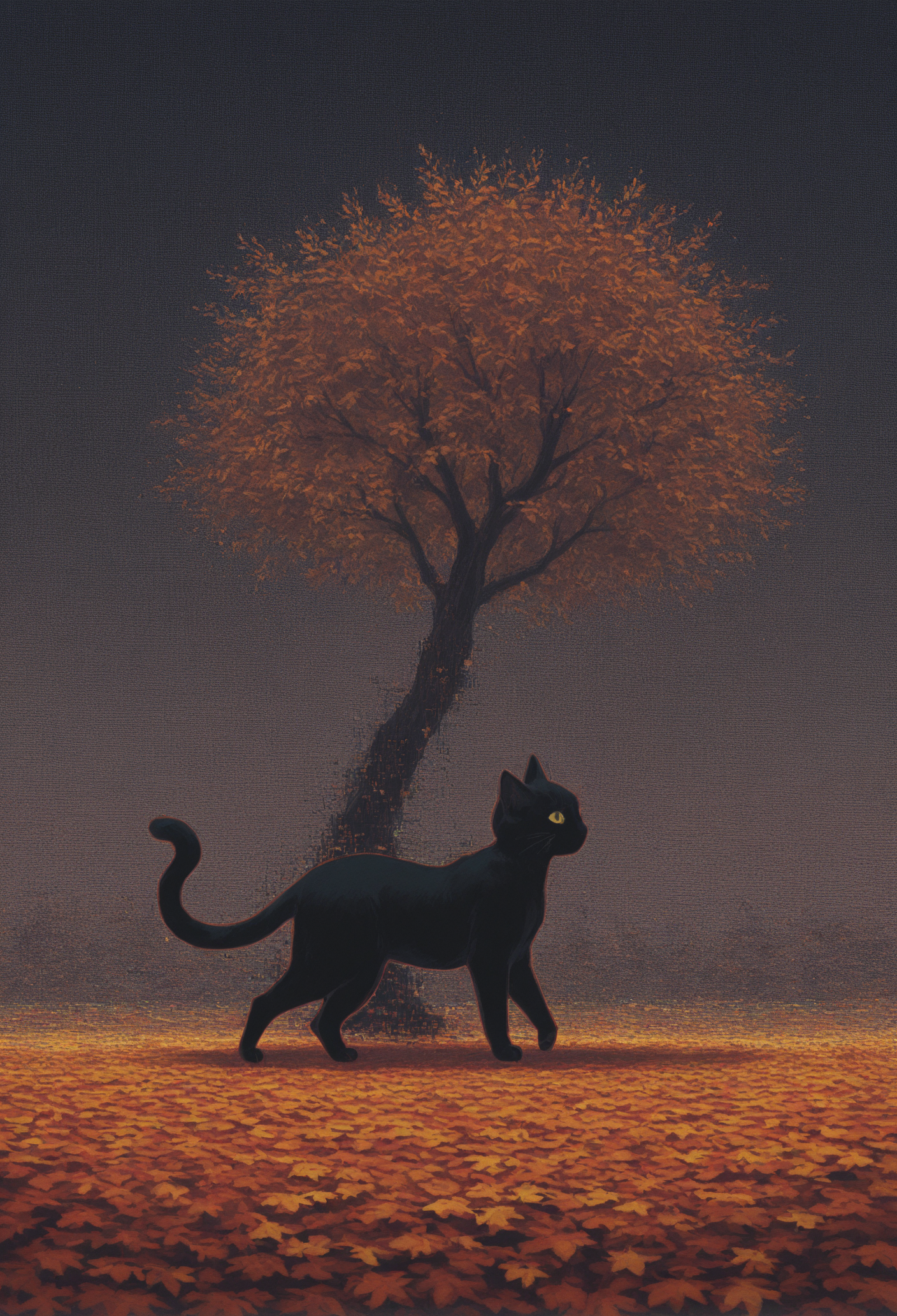 masterpiece, best quality, good quality, very awa, newest, highres, absurdres,, solo, no_humans, leaf, cat, autumn_leaves, animal_focus, autumn, (glitch art, dithering,chromatic aberration,pixel art),from side,fine art, 15546+456868, in the style of cknc,monmon2133