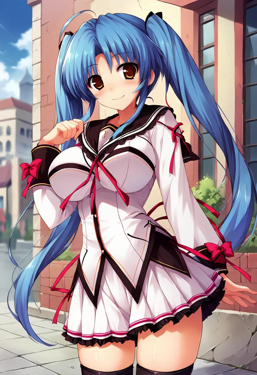 score_9, score_8_up, score_7_up, masterpiece, source_anime, 1girl, ct_okihara, brown eyes, blue hair, twintails, long hair, hair ribbon, ahoge, large breasts, frilled sailor collar, sailor shirt, puffy long sleeves, white vest, neck ribbon, red bow, red ribbon, frilled skirt, black thighhighs, looking at viewer, outdoors, city, depth of field, day, cowboy shot, hand up, shiny skin, smile, happy,<lora:OkiharaKotoha_Pony_ct:1>
