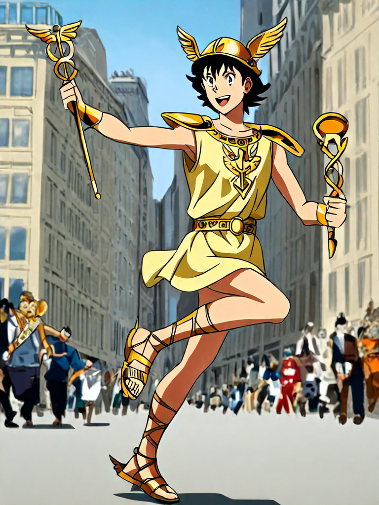 award winning photo of hermes running, a man with ,gold roman hermes sandals, is holding a caduceus and wear a winged helmet, <lora:Mercury:0.7>caduceus, helmet, sandals, petasos, headgear <lora:Mezzotint_Artstyle_for_Flux_-_by_Ethanar:0.5> <lora:CPA:0.6>anime style <lora:RetroAnimeFluxV1:0.6>background a busy new york street, anime style