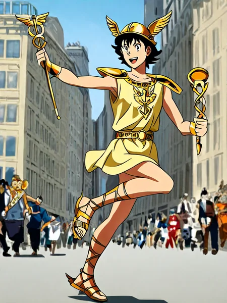 award winning photo of hermes running, a man with ,gold roman hermes sandals, is holding a caduceus and wear a winged helmet, <lora:Mercury:0.7>caduceus, helmet, sandals, petasos, headgear <lora:Mezzotint_Artstyle_for_Flux_-_by_Ethanar:0.5> <lora:CPA:0.6>anime style <lora:RetroAnimeFluxV1:0.6>background a busy new york street, anime style