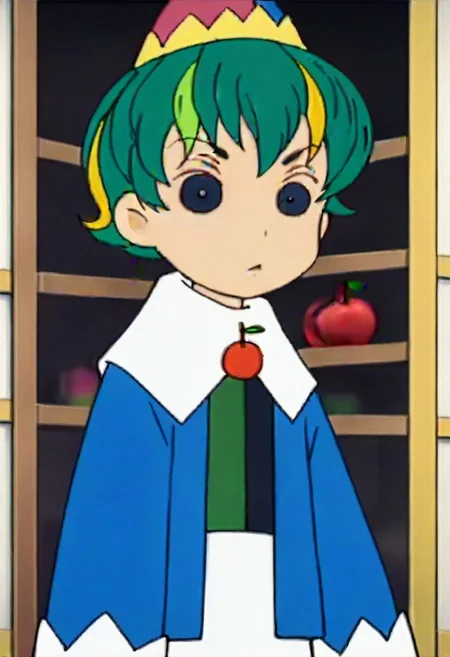 hat, green hair, multicolored hair, long sleeves, short hair, cherry, fruit, 1girl, blonde hair, black eyes,,,,,,,,,,, ,,,,,anime coloring,anime screencap, 1girl,Solo ,, anime,,,,official art, Uncensored ,Unedited ,,,,, ,,,,,,