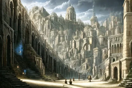 (masterpiece:1.2), (best quality,:1.2), 8k, HDR, ultra detailed, ((photorealistic)), professional light, cinematic lighting, fashion photography, ambient lighting, atmospheric effects, DarkFantasy, Numenor, a street with stairs in a big medieval fantasy city on a mountain, high towers, high walls, <lora:Numenor-10:1>, in the style of Middle Earth, Tolkien, Minas Tirith, epiCPhoto