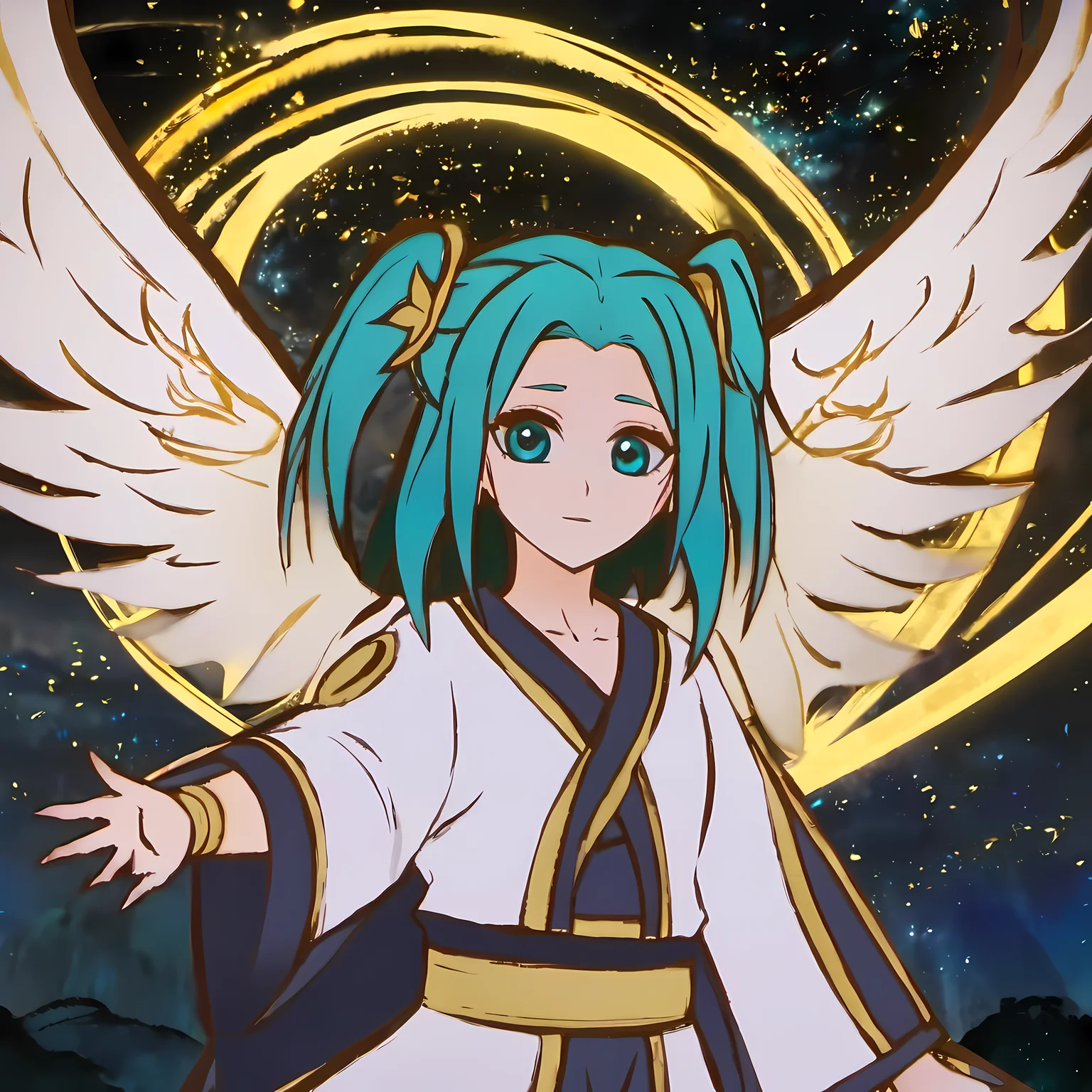 (anime coloring, anime screencap, ghibli, mappa, anime style), 1girl, hatsune miku, white gown, angel, angel wings, golden halo, dark background, upper body, (closed mouth:1.2), looking at viewer, arms behind back, blue theme, stars, starry night, 2.5d, chinese ancient, ink style, <lora:ink-xl-v1:0.8>