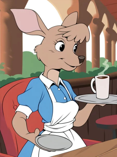 score_9, score_8_up, score_7_up, score_6_up, score_5_up, score_4_up, source_furry, Matilda_Roo, 1girl, solo, tail, two-tone fur, maid uniform, holding tray, mug, coffee, table, chairs, crowd, cafe, detailed eyes, detailed face, <lora:matilda_roo-v1:1>