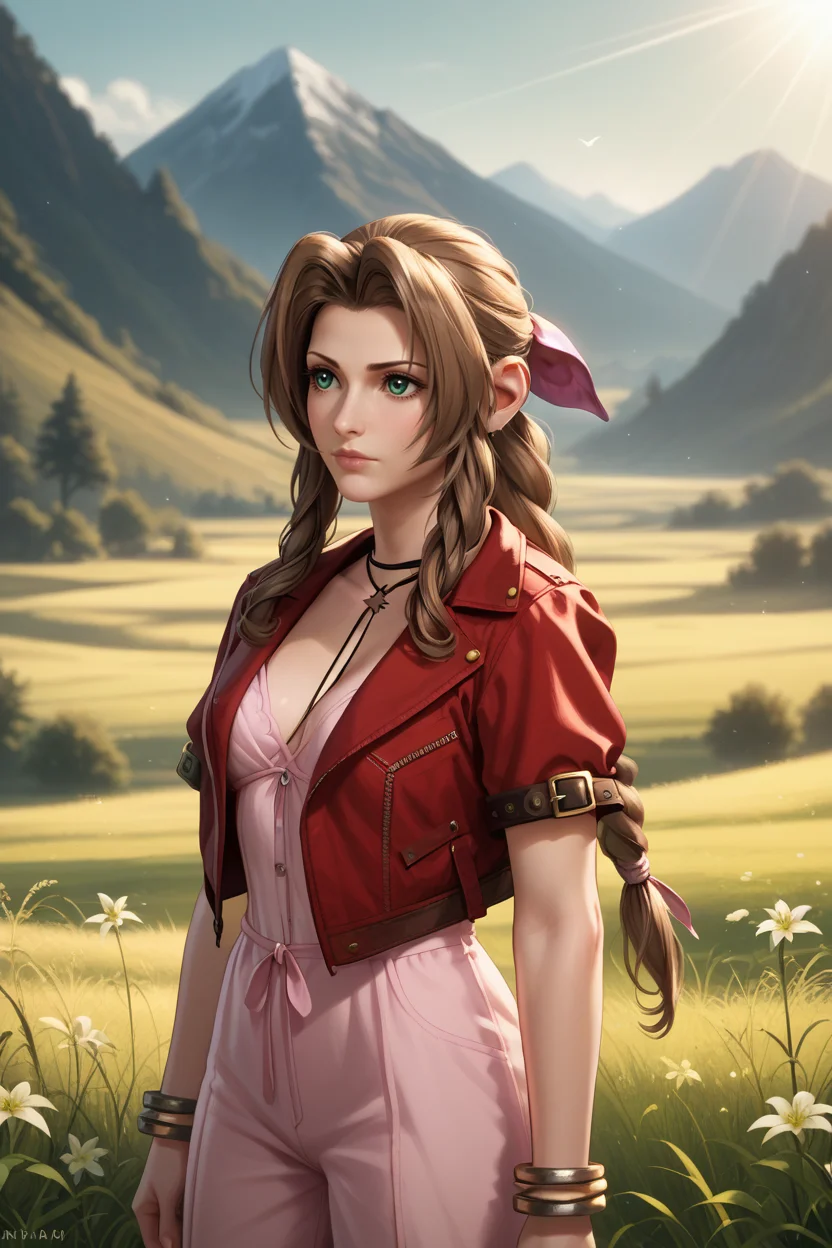 score_9, score_8_up, score_7_up,
<lora:FF7Aerith:0.8>
FF7Aerith, 1girl, brown hair, green eyes, long hair, braided ponytail, standing in a field during the golden hour, hand gently brushing through tall grass, mountains in the distance, warm sunlight casting a glow, serene and connected to nature