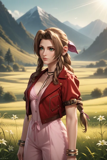 score_9, score_8_up, score_7_up,
<lora:FF7Aerith:0.8>
FF7Aerith, 1girl, brown hair, green eyes, long hair, braided ponytail, standing in a field during the golden hour, hand gently brushing through tall grass, mountains in the distance, warm sunlight casting a glow, serene and connected to nature