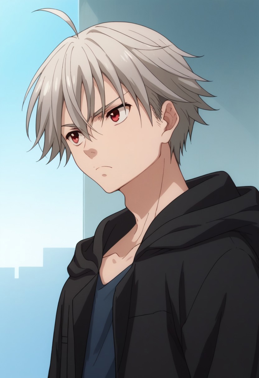 score_9, score_8_up, score_7_up, source_anime, highly detailed, 
yoshio, 1boy, male focus, solo, red eyes, hood, upper body, hoodie, ahoge,
grey hair, black hoodie, brown pants, shirt, blue shirt, open hoodie, open clothes, frown
indoor,