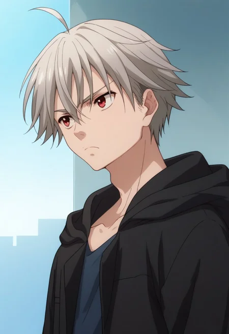 score_9, score_8_up, score_7_up, source_anime, highly detailed, 
yoshio, 1boy, male focus, solo, red eyes, hood, upper body, hoodie, ahoge,
grey hair, black hoodie, brown pants, shirt, blue shirt, open hoodie, open clothes, frown
indoor,