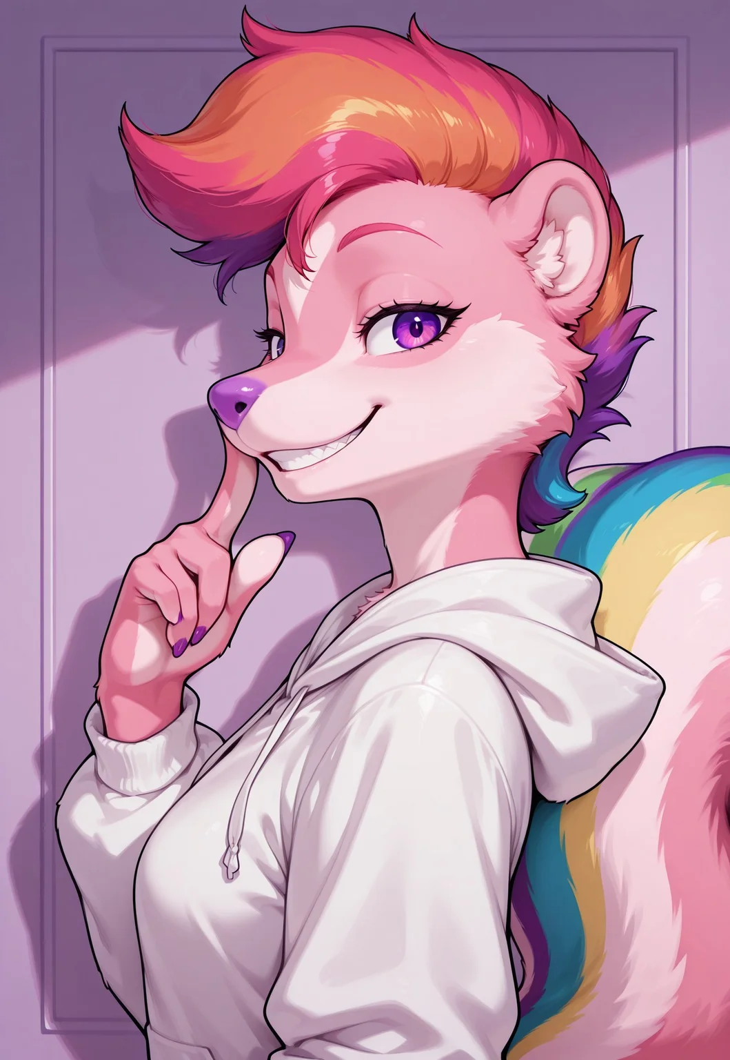 Fine Fur Detail, Fine Scale Detail, Perfect Eyes, Absurdres, High-Quality, Highly Detailed, detailed background, solo, Lyr1c, Skunk tail, multicolor_tail, rainbow_tail, purple_nose, purple_nails, pink_fur, orange_mohawk, face only, close up, grin, siren eyes, looking at viewer, white hoodie, graphic hoodie, from side, dutch angle