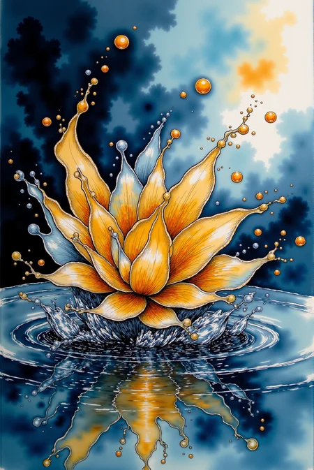 <lora:Watercolor_sketch_v.1:0.85> Watercolorsketch style. An abstract representation of a liquid explosion, centered around a golden, blooming flower-like structure. The golden petals curve outward, surrounded by silver tendrils and droplets that arc gracefully, resembling a frozen splash. Each droplet reflects the surrounding light, amplifying the metallic hues of gold and silver. The edges of the structure spread into intricate patterns, blending sharp detail with smooth fluidity. The background is a deep, cool gradient, transitioning from shadowy navy to soft azure, enhancing the radiance of the metallic elements. The piece should evoke a sense of elegance, movement, and timeless beauty, capturing the interplay of light, texture, and form.