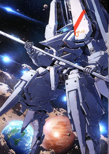 mecha,science fiction,no humans,glowing,retro artstyle,space,star \(sky\),planet,earth \(planet\),space craft,starry sky,weapon,milky way,masterpiece, best quality, very aesthetic, absurdres,,  <lora:sidonia morito-NAI:0.8>